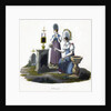 Two women standing before a headstone in a graveyard by Anonymous