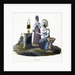 Two women standing before a headstone in a graveyard by Anonymous