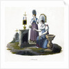 Two women standing before a headstone in a graveyard by Anonymous
