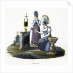 Two women standing before a headstone in a graveyard by Anonymous