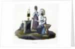 Two women standing before a headstone in a graveyard by Anonymous