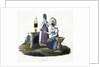 Two women standing before a headstone in a graveyard by Anonymous
