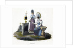 Two women standing before a headstone in a graveyard by Anonymous