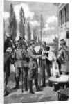 'Uhlans demanding refreshments from Belgian villagers', First World War by Anonymous