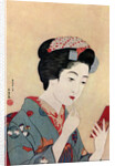 A Japanese woman using a beni brush to paint her lips by Hashiguchi Goyo