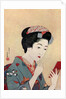A Japanese woman using a beni brush to paint her lips by Hashiguchi Goyo