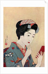 A Japanese woman using a beni brush to paint her lips by Hashiguchi Goyo