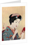 A Japanese woman using a beni brush to paint her lips by Hashiguchi Goyo