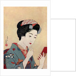 A Japanese woman using a beni brush to paint her lips by Hashiguchi Goyo