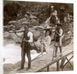 Japanese woman in a yamakago (mountain chair) crossing the torrential Daiya river near Nikko, Japan by Underwood & Underwood