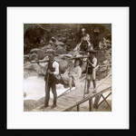 Japanese woman in a yamakago (mountain chair) crossing the torrential Daiya river near Nikko, Japan by Underwood & Underwood
