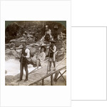 Japanese woman in a yamakago (mountain chair) crossing the torrential Daiya river near Nikko, Japan by Underwood & Underwood