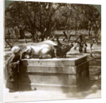 Devout woman stroking a bronze bull to cure rheumatism, Kitano Tenjin temple, Kyoto, Japan by Underwood & Underwood