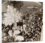 Shinto procession carrying sacred objects over a bridge to the Imperial Museum, Kyoto, Japan by Underwood & Underwood
