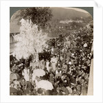 Shinto procession carrying sacred objects over a bridge to the Imperial Museum, Kyoto, Japan by Underwood & Underwood