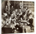 Expert workmen creating designs in cloisonne, Kyoto, Japan by Underwood & Underwood