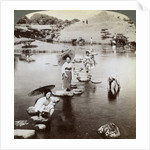 Women crossing the lake on stepping stones, Suizen-ji Garden, Kumamoto, Japan by Underwood & Underwood