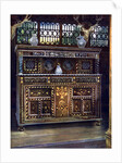 Carved and inlaid oak court cupboard by Edwin Foley