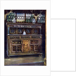 Carved and inlaid oak court cupboard by Edwin Foley