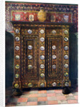 Walnut kas inlaid and with painted medallions of Delft ware by Edwin Foley