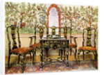 Black lacquer settee, chairs and table and red lacquer mirror by Edwin Foley