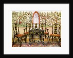 Black lacquer settee, chairs and table and red lacquer mirror by Edwin Foley