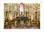 Black lacquer settee, chairs and table and red lacquer mirror by Edwin Foley