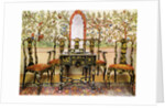 Black lacquer settee, chairs and table and red lacquer mirror by Edwin Foley