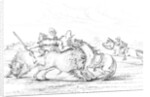 Buffalo attacking a cowboy on a horse by Myers and Co