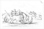 Buffalo attacking a cowboy on a horse by Myers and Co