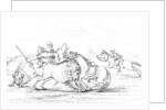Buffalo attacking a cowboy on a horse by Myers and Co
