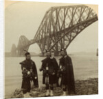 Men in Highland dress in front of the Forth Bridge, Scotland by Underwood & Underwood