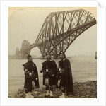 Men in Highland dress in front of the Forth Bridge, Scotland by Underwood & Underwood