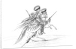 Native American male with weapons and headdress, riding a horse by Myers and Co