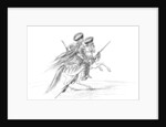 Native American male with weapons and headdress, riding a horse by Myers and Co