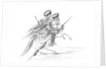 Native American male with weapons and headdress, riding a horse by Myers and Co