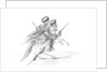 Native American male with weapons and headdress, riding a horse by Myers and Co