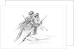 Native American male with weapons and headdress, riding a horse by Myers and Co