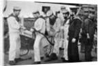 Blue jackets at work splicing a rope on board the battleship HMS Majestic by Gregory & Co