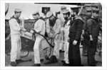 Blue jackets at work splicing a rope on board the battleship HMS Majestic by Gregory & Co