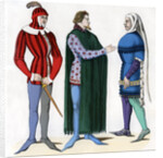 Valet and lords in 14th century costume by Anonymous
