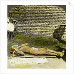 Hindu devotee on a bed of nails near the shrine of Kali, Calcutta, India by Underwood & Underwood