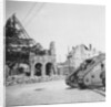 British tank in front of ruined buildings, Peronne, France, World War I by Nightingale & Co