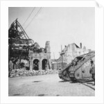British tank in front of ruined buildings, Peronne, France, World War I by Nightingale & Co