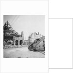 British tank in front of ruined buildings, Peronne, France, World War I by Nightingale & Co
