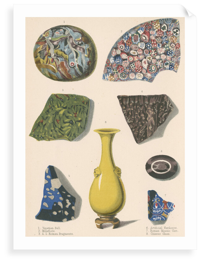Specimens of fused coloured glass and a Chinese vase by J R Robbins