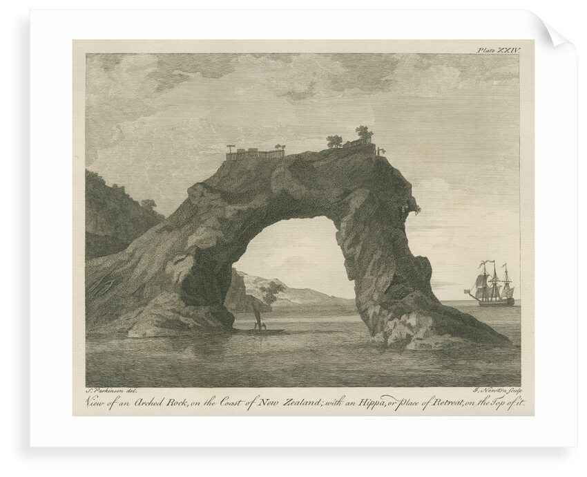 '... arched Rock, on the Coast of New Zealand; with an Hippa, or place of Retreat...' by James Newton