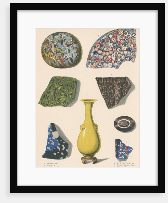 Specimens of fused coloured glass and a Chinese vase by J R Robbins