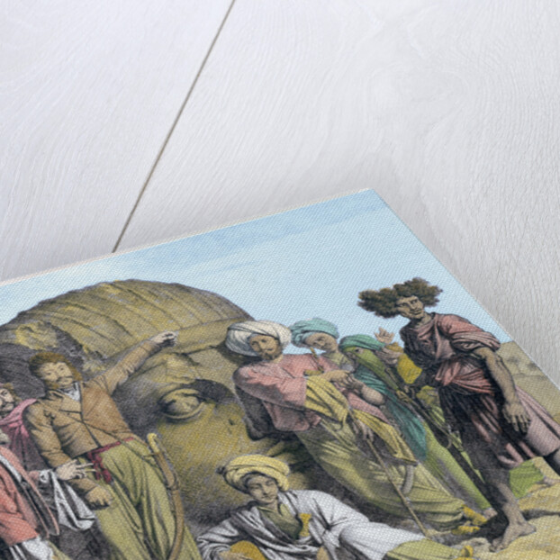 Archaeologist Bernardino Drovetti measuring a colossal head in the Egyptian desert by G Engelmann