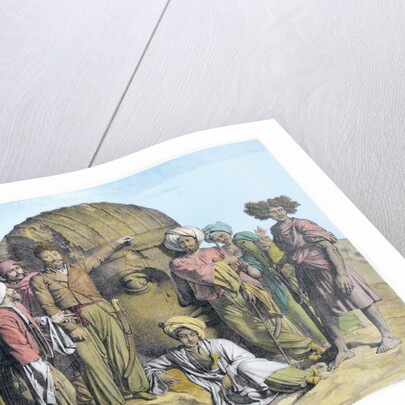 Archaeologist Bernardino Drovetti measuring a colossal head in the Egyptian desert by G Engelmann